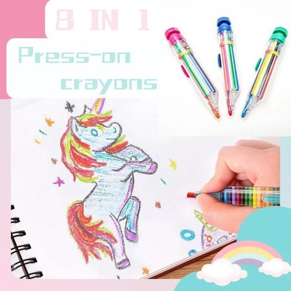 🌈🎨8-farbige Druckknopf-Buntstifte, frei von jeglichen chemischen Inhaltsstoffen, geeignet für Kinder zum Malen und Schreiben
